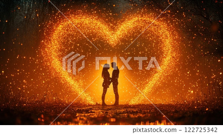 A mesmerizing Valentine scene of a couple holding hands, silhouetted against a glowing fiery heart made of sparkling lights, surrounded by trees and a romantic golden ambiance in the night. A mesmerizing Valentine scene of a couple holding hands, silhouetted against a glowing fiery heart made of sparkling lights, surrounded by trees and a romantic golden ambiance in the night. 122725342