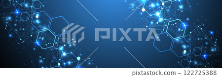 Abstract scientific vector background. Interweaving on a dark blue gradient of hexagons of different shapes with a plexus effect. 122725388