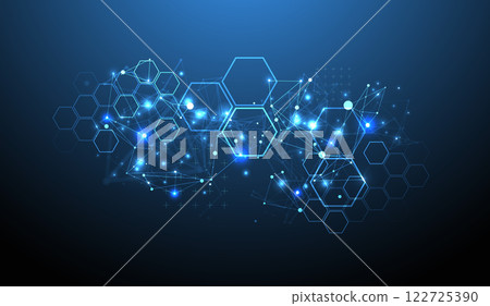 Abstract scientific vector background. Interweaving on a dark blue gradient of hexagons of different shapes with a plexus effect. Abstract scientific vector background. Interweaving on a dark blue gradient of hexagons of different shapes with a plexus effect. 122725390