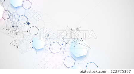 Abstract scientific vector background. Light gray gradient of hexagons of different shapes with plexus effect. Abstract scientific vector background. Light gray gradient of hexagons of different shapes with plexus effect. 122725397