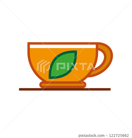 Transparent glass tea cup with tea leaf inside and tea brewing. Vector illustration.  122725662