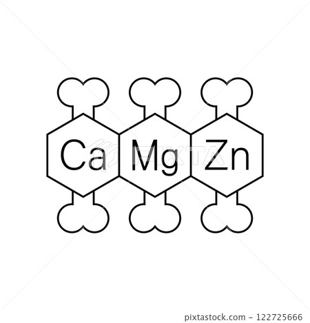 Calcium, magnesium and zinc vitamins for bones. Ca, Mg, Zn set. Vector clipart and drawing. Isolated illustration on white background. Calcium, magnesium and zinc vitamins for bones. Ca, Mg, Zn set. Vector clipart and drawing. Isolated illustration on white background. 122725666