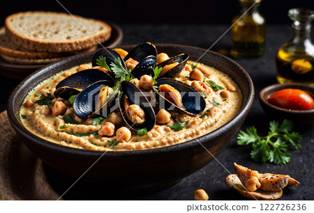 Enjoy a flavorful Hummus with Mussels and Chickpeas, great for any meal or occasion 122726236