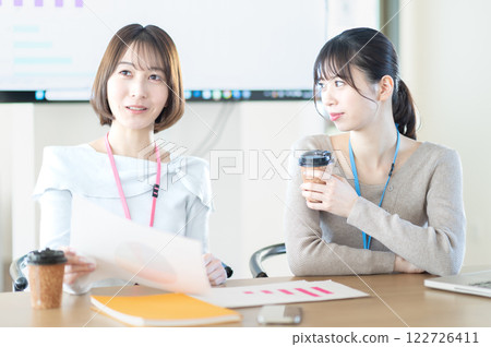 A young businesswoman having a meeting while holding documents 122726411