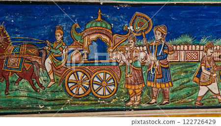 Frescoes Decoration On Wall Of Hanuman Temple In Jaipur, India. Religious Motifs From Life Of Hanuman Are Painted. Monkey-like Deity, Son Of Wind God Vayu. Scene With Horse-drawn Cart, Elephants Frescoes Decoration On Wall Of Hanuman Temple In Jaipur, India. Religious Motifs From Life Of Hanuman Are Painted. Monkey-like Deity, Son Of Wind God Vayu. Scene With Horse-drawn Cart, Elephants 122726429