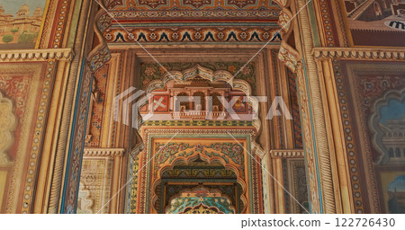 Jaipur, Rajasthan, India. Patrika Gate at Jawahar Circle. Interior inside, many Colorful ornament patterns on old walls. old Pink city Jaipur, Rajasthan, India. Patrika Gate at Jawahar Circle. Interior inside, many Colorful ornament patterns on old walls. old Pink city 122726430