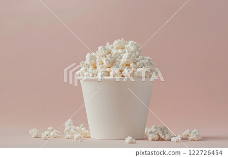 cottage cheese on a light pink background, copy space 122726454