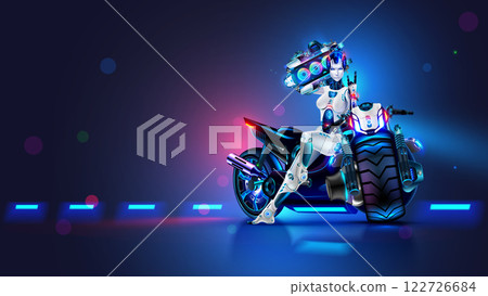 Beautiful robot woman with music recorder sits on motorcycle. Female cyborg motorcyclist in cyberpunk style sits on future motorcycle and listens to cyberpunk music. Poster cyborg girl on motorcycle. Beautiful robot woman with music recorder sits on motorcycle. Female cyborg motorcyclist in cyberpunk style sits on future motorcycle and listens to cyberpunk music. Poster cyborg girl on motorcycle. 122726684