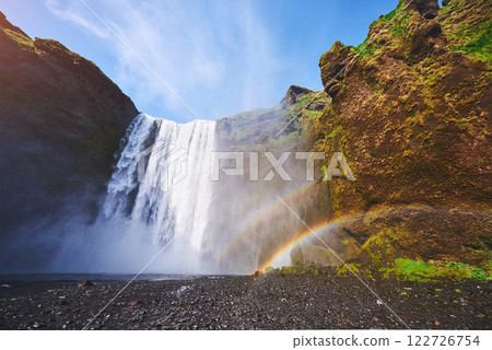 Great waterfall Skogafoss in south of Iceland near the town of Skogar. Dramatic and picturesque scene 122726754