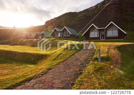 Traditional Icelandic houses with grass roof in Skogar Folk Museum, Iceland Traditional Icelandic houses with grass roof in Skogar Folk Museum, Iceland 122726778