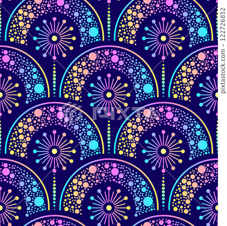 Seamless pattern with cosmic gradient dandelions and rainbows. 122726852