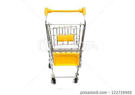 Supermarket shopping cart with yellow details on white background 122726988