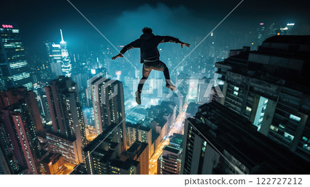 Young man jumps from the roof, Parkour or base jumping trick of an action stuntman. Generated AI. 122727212