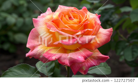 Stunning close-up of a rose with pink and orange petals in macro photography Stunning close-up of a rose with pink and orange petals in macro photography 122727507