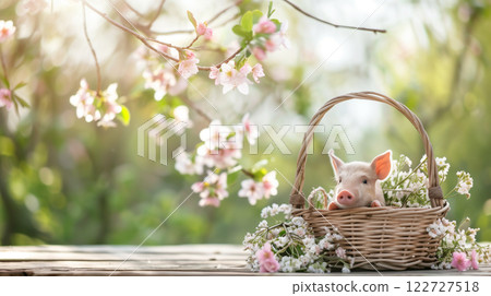 Adorable piglet nestled in a basket amidst spring blooms on rustic table Adorable piglet nestled in a basket amidst spring blooms on rustic table 122727518