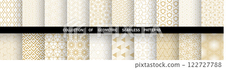 Geometric set of seamless golden and white patterns. Simple vector graphics Geometric set of seamless golden and white patterns. Simple vector graphics 122727788