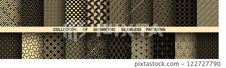 Geometric set of seamless black and golden patterns. Simple vector graphics 122727790