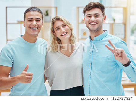 Thumbs up, peace sign and happy business people smiling about company success or partnership. Portrait of a team of employees with a positive mindset, mission and vision for startup growth Thumbs up, peace sign and happy business people smiling about company success or partnership. Portrait of a team of employees with a positive mindset, mission and vision for startup growth 122727824