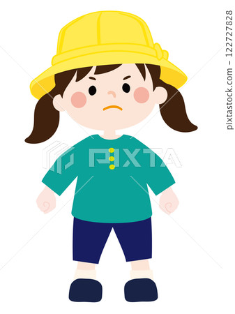 Vector illustration of a girl in a yellow hat protesting in a bad mood Vector illustration of a girl in a yellow hat protesting in a bad mood 122727828