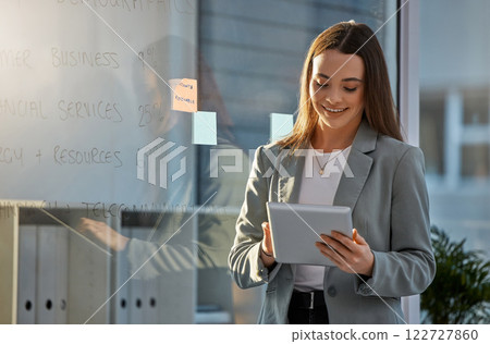 Corporate woman on tablet typing, smile and reading business leadership, motivation and success news. Happy young manager or girl boss at company working on online digital or internet management app 122727860