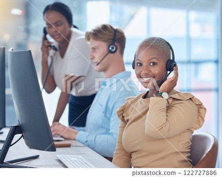 About us, call center and contact us for our customer support desk to help you with insurance loans. Thank you, telemarketing and happy customer service consultant agent with a smile and headset 122727886