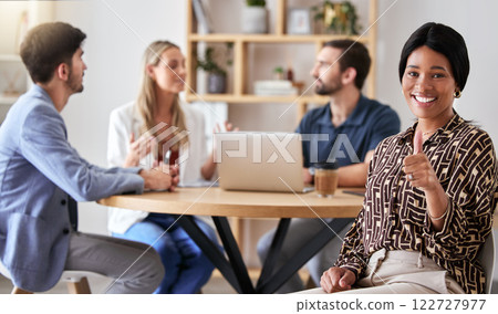 Thumbs up, thank you and business woman in company success meeting happy about startup growth. Portrait of a black woman corporate professional with a positive mindset, vision and mission 122727977