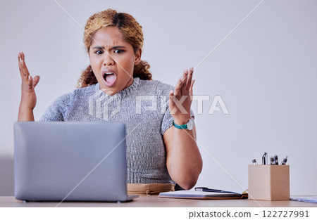 Stress, angry and frustrated corporate woman working on laptop, annoyed with glitch and slow internet. Office worker open mouth in shock, fail subscription cancel or system mistake, tech difficulty Stress, angry and frustrated corporate woman working on laptop, annoyed with glitch and slow internet. Office worker open mouth in shock, fail subscription cancel or system mistake, tech difficulty 122727991