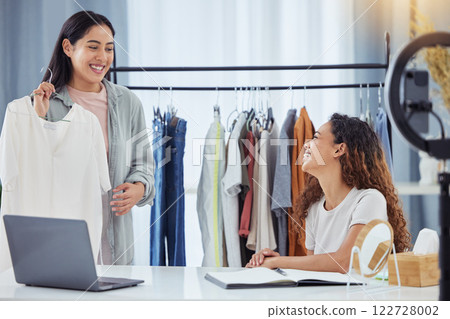 Social media, technology streaming and fashion influencer friends clothes product review for content creator marketing blog. Smile, happy or creative blogger or designer women advertising home brand 122728002