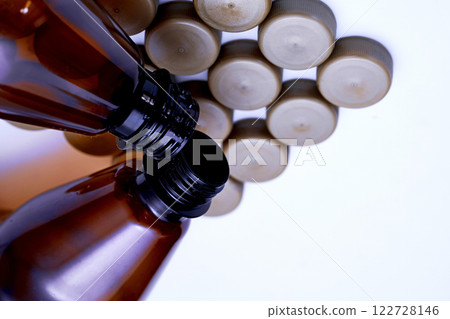 Brown plastic various bottles with corks for detergents,beer,soda,lemonade Brown plastic various bottles with corks for detergents,beer,soda,lemonade 122728146