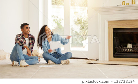 Real estate, investment and planning, couple with DIY renovation plan for new family house with mortgage. Man and woman and happy first time homeowners, with financed home loan for dream property. Real estate, investment and planning, couple with DIY renovation plan for new family house with mortgage. Man and woman and happy first time homeowners, with financed home loan for dream property. 122728184