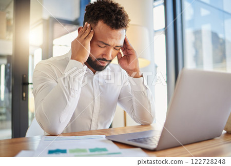 Stress, burnout and headache businessman on laptop with error, problem or frustrated job for work mental health awareness with lens flare. Tired, depressed manager at web tech company with lens flare Stress, burnout and headache businessman on laptop with error, problem or frustrated job for work mental health awareness with lens flare. Tired, depressed manager at web tech company with lens flare 122728248