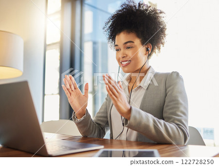 Webinar meeting, video call with business woman on laptop doing digital remote work presentation in office. Happy success corporate worker with smile in online meeting for global technology company Webinar meeting, video call with business woman on laptop doing digital remote work presentation in office. Happy success corporate worker with smile in online meeting for global technology company 122728250