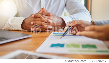 Business people planning with paper in meeting at work, team working on finance strategy with data and collaboration for marketing discussion in office. Hand of employee in conversation with document 122728257