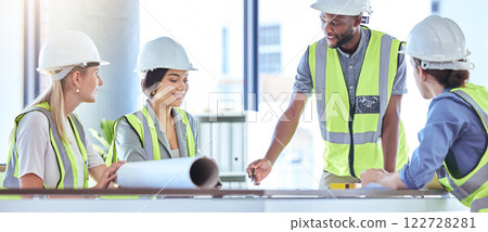 Team of industrial engineer planning with blueprint paperwork in a business meeting. Business people collaborate or construction creatives collaboration for work project and brainstorm together Team of industrial engineer planning with blueprint paperwork in a business meeting. Business people collaborate or construction creatives collaboration for work project and brainstorm together 122728281