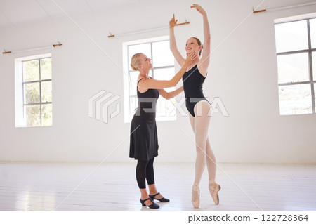 Ballet training, exercise and workout of a ballerina student learning a dance with a woman teacher. Dancing coach teaching a happy girl dancer train in a classroom for a future creative performance Ballet training, exercise and workout of a ballerina student learning a dance with a woman teacher. Dancing coach teaching a happy girl dancer train in a classroom for a future creative performance 122728364