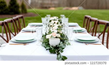 Elegant outdoor patio table setting with floral centerpiece and white tablecloth for spring celebration 122728370