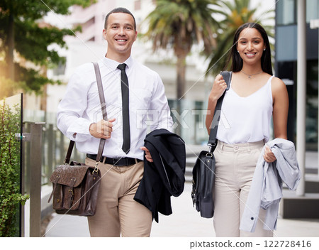 Teamwork, motivation and walking with a business man and woman in a city to get their startup company moving. An entrepreneur team working together for the growth and development of their future 122728416