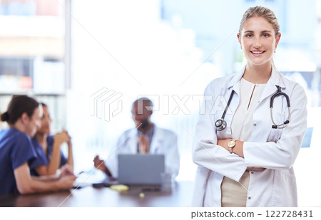 Innovation, leadership and proud doctor leader in meeting, planning and collaboration on medical practice. Diverse health, care workers discussing medicine or cancer cure, excited to begin drug trial 122728431