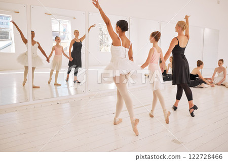 Ballet dancer doing dance performance in studio, team of women dancing in collaboration in class and learning for competition together. Creative ballerina teacher teaching girl balance in school 122728466
