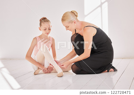 Ballet teacher, injured student and dance injury in class with dancer girl sad about ankle pain at art school. Ballerina child performer getting a foot massage during training for theatre performance Ballet teacher, injured student and dance injury in class with dancer girl sad about ankle pain at art school. Ballerina child performer getting a foot massage during training for theatre performance 122728471