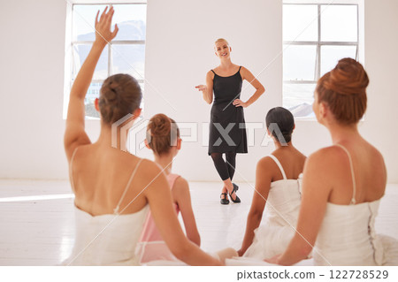 Ballet dance class, coach teaching or coaching and women learning professional dance in a studio. Young artist or girl students in training for a performance with dancing teacher 122728529