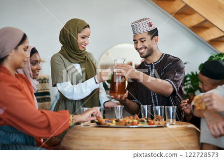 Ramadan, Eid and iftar with a muslim family celebrating breaking of the fast with food and drink at home. Bonding, feeling together and enjoying a traditional islamic feast and holy celebration 122728573