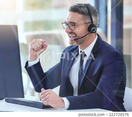 Business man sales success, telemarketing goal celebration and crm consultant winner for call center deal, crypto trading and stock market agent bonus. Happy office computer worker with motivation 122728576