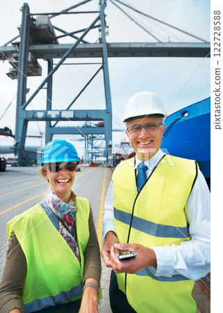 Logistics, supply chain and ship engineer or workers on the dock smiling while working in delivery industry. Cargo and shipping Portrait of happy and smiling stock managers working in export business Logistics, supply chain and ship engineer or workers on the dock smiling while working in delivery industry. Cargo and shipping Portrait of happy and smiling stock managers working in export business 122728588