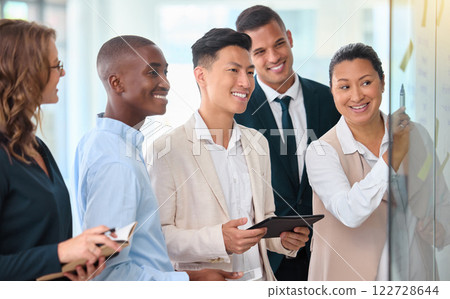 Teamwork meeting, strategy planning and employee collaboration with analytics, logistics and idea on glass wall in a corporate company office. Business people working with vision and schedule notes 122728644