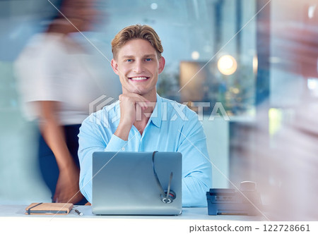 Call center worker, business sales man and consultant working, consulting and networking for crm telemarketing in fast paced and busy office company. Portrait of happy customer service support agent Call center worker, business sales man and consultant working, consulting and networking for crm telemarketing in fast paced and busy office company. Portrait of happy customer service support agent 122728661
