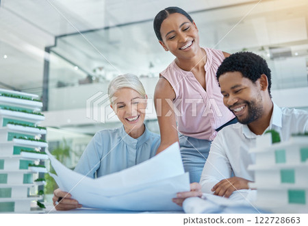 Architecture, designer and happy engineering team speak of their development office building project blueprint on paper. Smile, model and teamwork in collaboration meeting for floor plan discussion 122728663