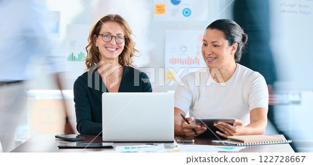 Planning, innovation and laptop with business women or managers in meeting in office or corporate room. Portrait, collaboration and teamwork with worker on tablet or team on finance goal or strategy Planning, innovation and laptop with business women or managers in meeting in office or corporate room. Portrait, collaboration and teamwork with worker on tablet or team on finance goal or strategy 122728667