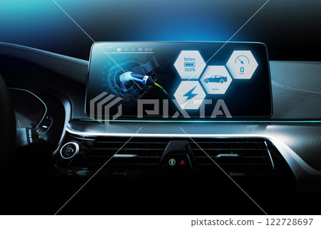 Electric car display screen that is showing the display of electric charging. 122728697