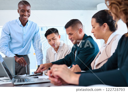 Happy business people launch ecommerce website on laptop with ux or ui team, graphic designer and marketing manager. Diversity workers in business meeting excited for company digital app development 122728703